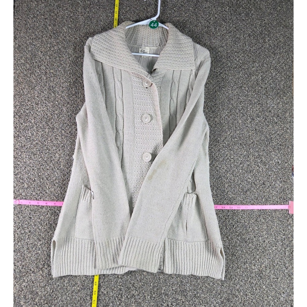 Effeci Cardigan Sweater Womens L Beige Cable Knit Shawl Collar Button Pockets